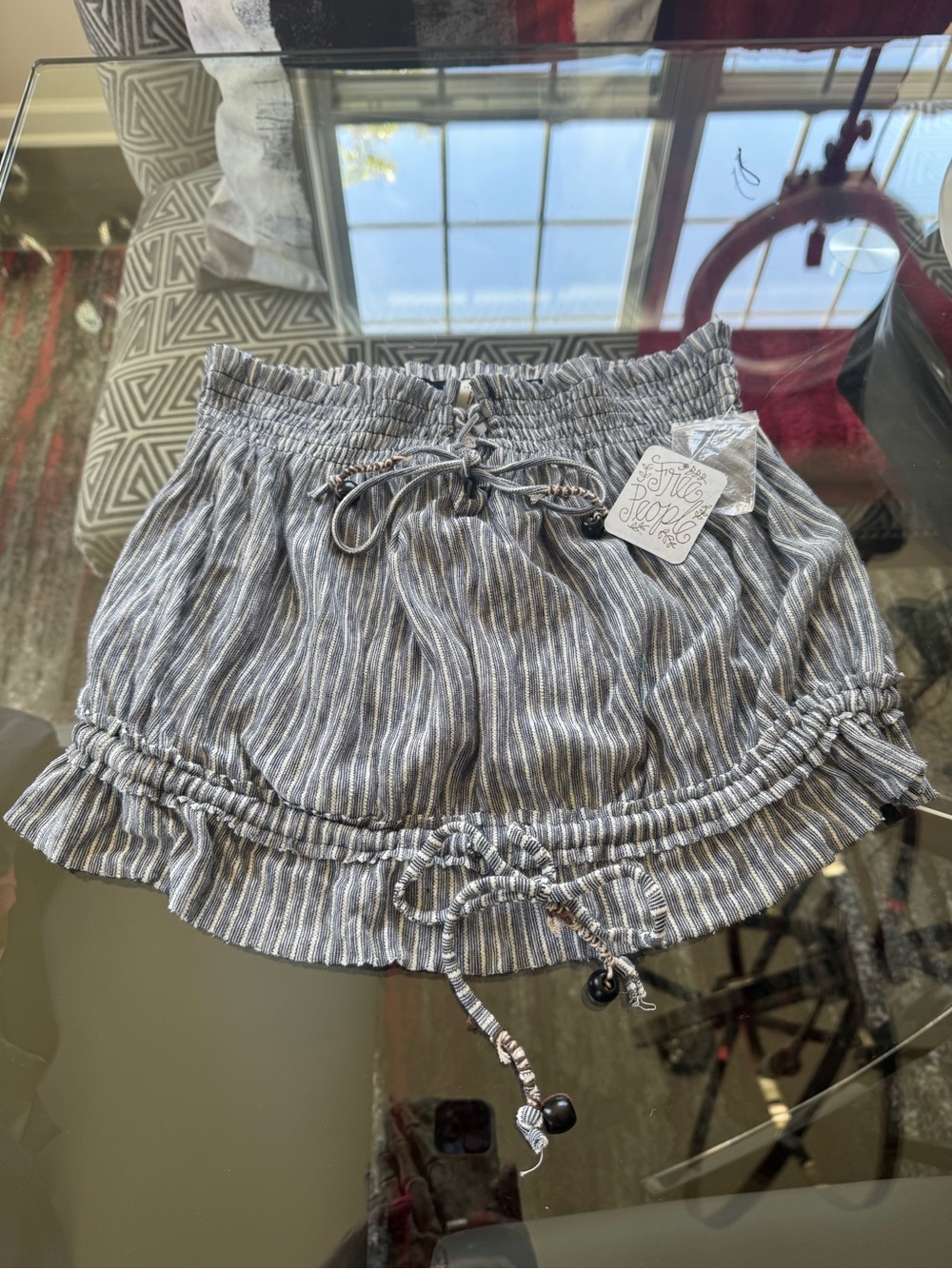 Free People Navy Blue Striped Ruffle Hem Strapless Cropped Top